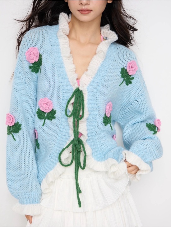 Cider Sweaters - NWT - Cider Cardigan w Crocheted Accents, Frilled Edges & Tie Front